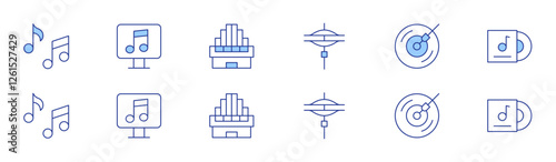 Music icon set in two styles, Duotone and Thin Line style. Editable stroke. cymbals, dj music, music notes, album, music, organ