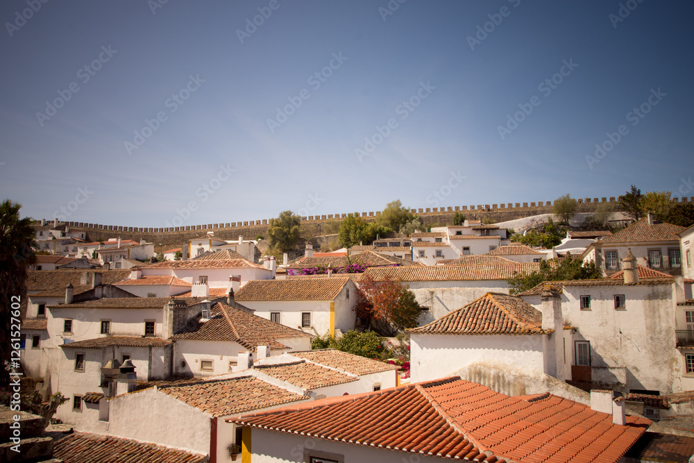 Fototapeta premium View of traditional rooftops with a medieval city wall in Óbidos, Portugal.