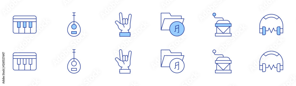Music icon set in two styles, Duotone and Thin Line style. Editable stroke. music, music folder, laud, hand, music box Music icon set in two styles, Duotone and Thin Line style. Editable stroke. music, music folder, laud, hand, music box