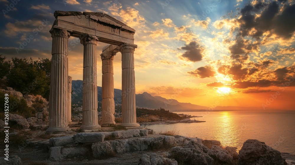 Ancient ruins stand against a vibrant sunset over the sea, highlighting historical architecture. Ancient ruins stand against a vibrant sunset over the sea, highlighting historical architecture.