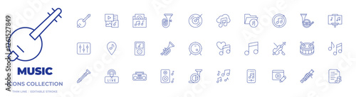 Music icons collection. Thin Line icons, editable stroke. banjo, bass drum, bassoon, dj mixer, dj music, drum, flute, french horn, live, love song, lyric, multimedia.