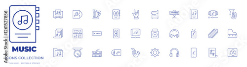 Music icons collection. Thin Line icons, editable stroke. gong, gramophone, grand piano, hand, harmonica, harp, headphones, music, music album, music app, music book, music folder.
