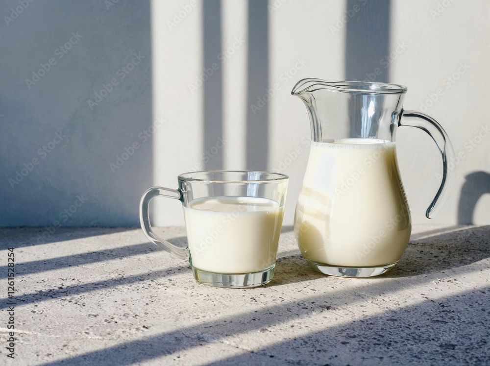 Glass Pitcher and Mug of Milk on Concrete Surface Glass Pitcher and Mug of Milk on Concrete Surface