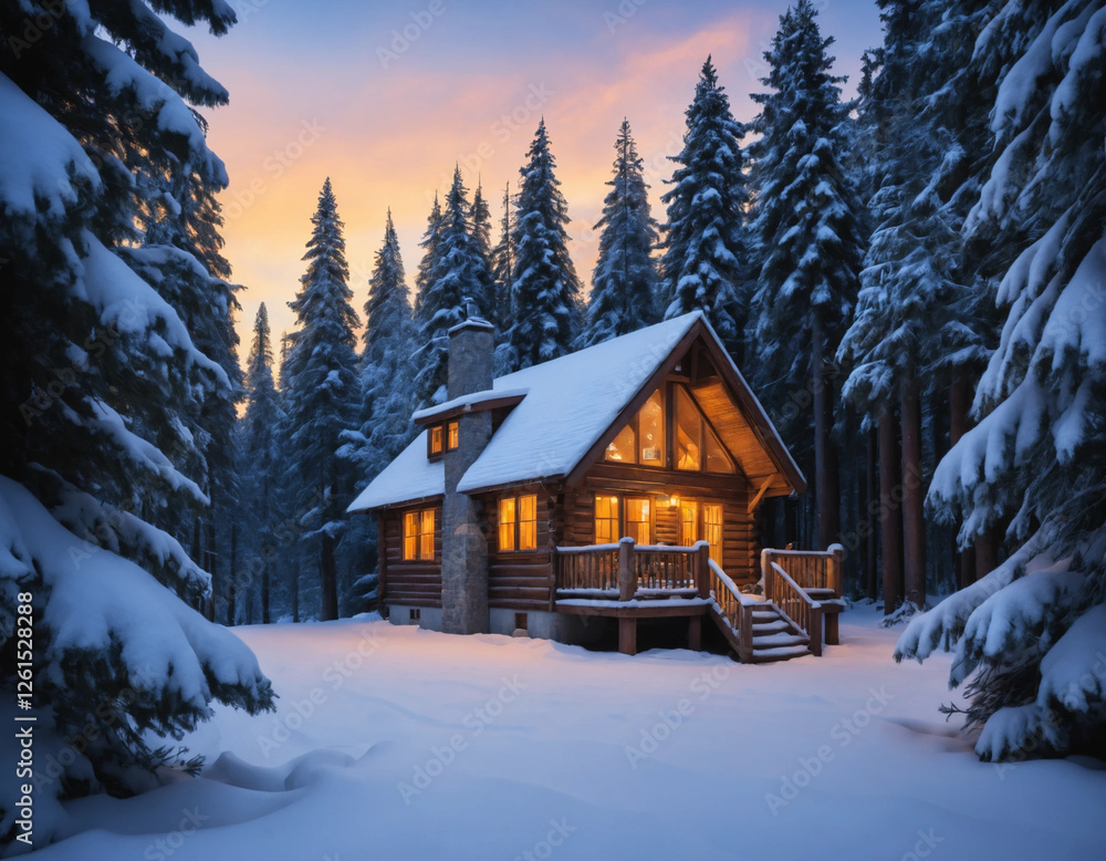 Snowy Cabin in a Pine Forest at Twilight Snowy Cabin in a Pine Forest at Twilight