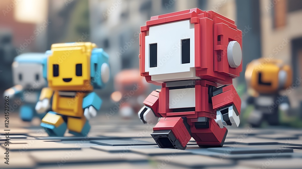 Fototapeta premium Group of small colorful plastic bricks and animated voxel characters on a street in a playful scene