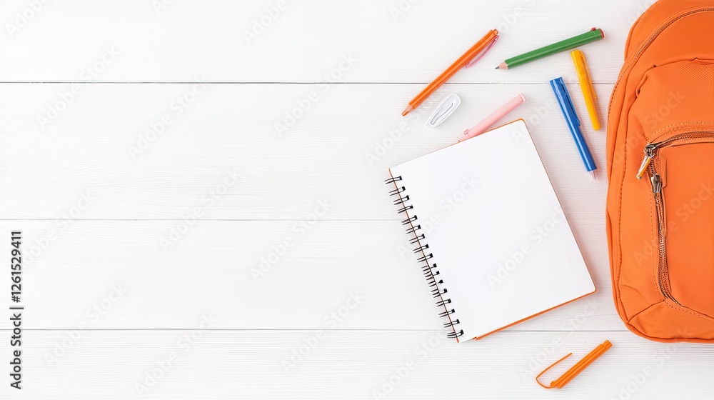 Brightly colored school supplies arranged around an empty notebook on a white wooden table Brightly colored school supplies arranged around an empty notebook on a white wooden table