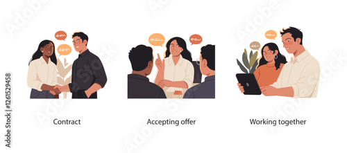Business Illustration set featuring professionals sealing a contract with a handshake, an individual accepting an offer, and a team collaborating on a project. Teamwork, agreement, and productivity.