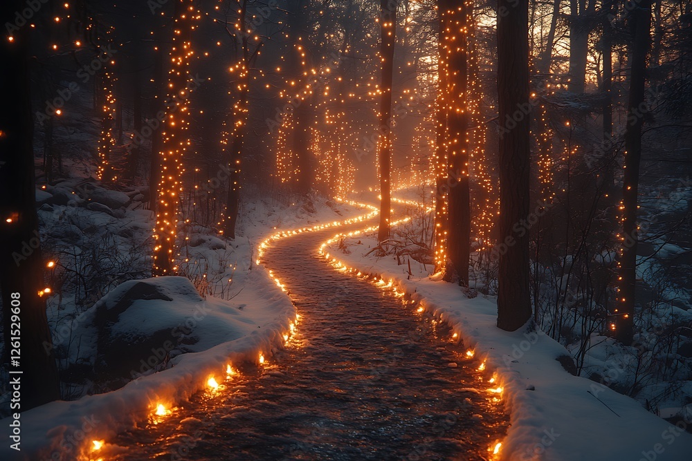 Serene winter pathway illuminated by glowing lights amidst a tranquil forest setting Serene winter pathway illuminated by glowing lights amidst a tranquil forest setting
