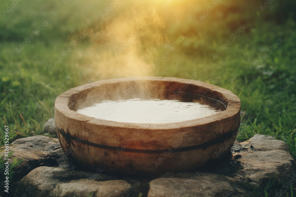 A small wooden bowl with steam coming out of it A small wooden bowl with steam coming out of it