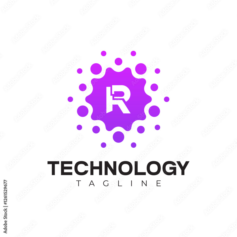 Fototapeta premium Modern Technology Logo - Letter R and Purple Digital Dots Vector Design