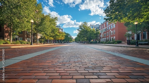 Brick road city street, autumn day, sunny, people walking