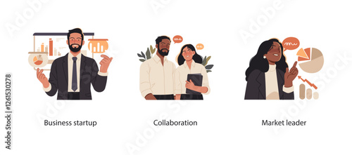 Illustration of professionals engaged in business startup, teamwork, and leadership. Depicts collaboration, planning, and strategic decision-making for success in the corporate world.