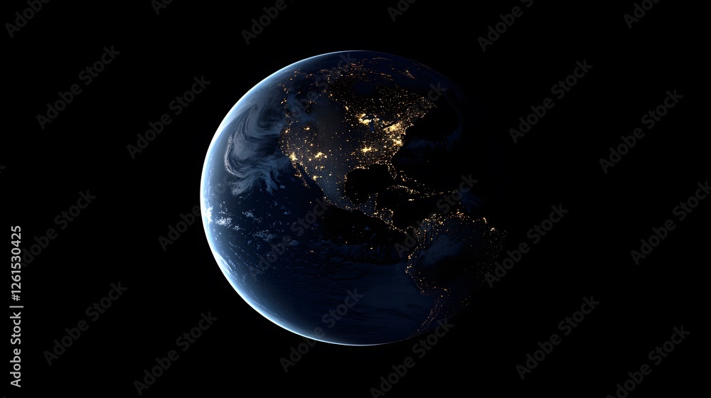 Stunning view of Earth at night, showcasing city lights across North and South America. Dark oceans and swirling clouds contrast with the bright urban glow. A captivating image of our planet. Stunning view of Earth at night, showcasing city lights across North and South America. Dark oceans and swirling clouds contrast with the bright urban glow. A captivating image of our planet.