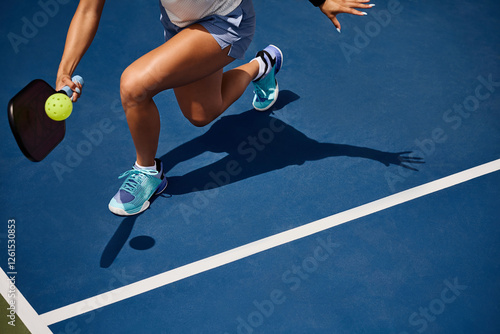 Legs and shadow of a girl playing pickleball on a blue court