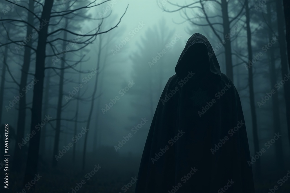 Silhouette hooded figure standing in a misty and mysterious dark forest Silhouette hooded figure standing in a misty and mysterious dark forest