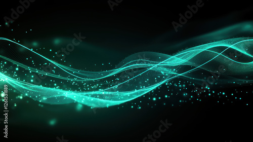 Abstract background with glowing lines and dots in teal color on a dark green background