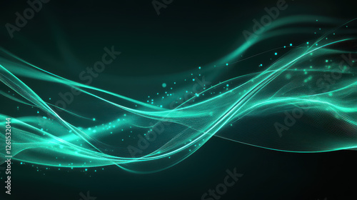 Abstract background with glowing lines and dots in teal color on a dark green background