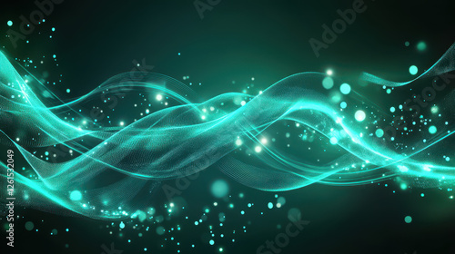 Abstract background with glowing lines and dots in teal color on a dark green background