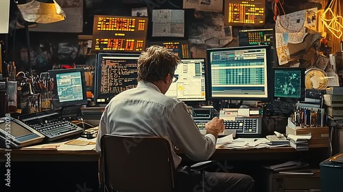 Man working intensely at multiple computer screens in a cluttered office filled with technology