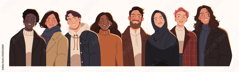 Diverse group of people standing together, representing various cultures, professions, and ages. Stylish individuals in casual and formal outfits, symbolizing unity, inclusivity, and global diversity. Diverse group of people standing together, representing various cultures, professions, and ages. Stylish individuals in casual and formal outfits, symbolizing unity, inclusivity, and global diversity.