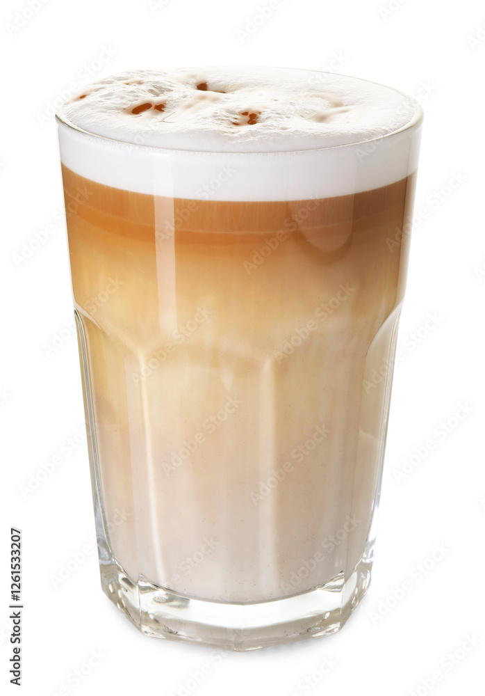 Tasty latte macchiato in glass isolated on white Tasty latte macchiato in glass isolated on white