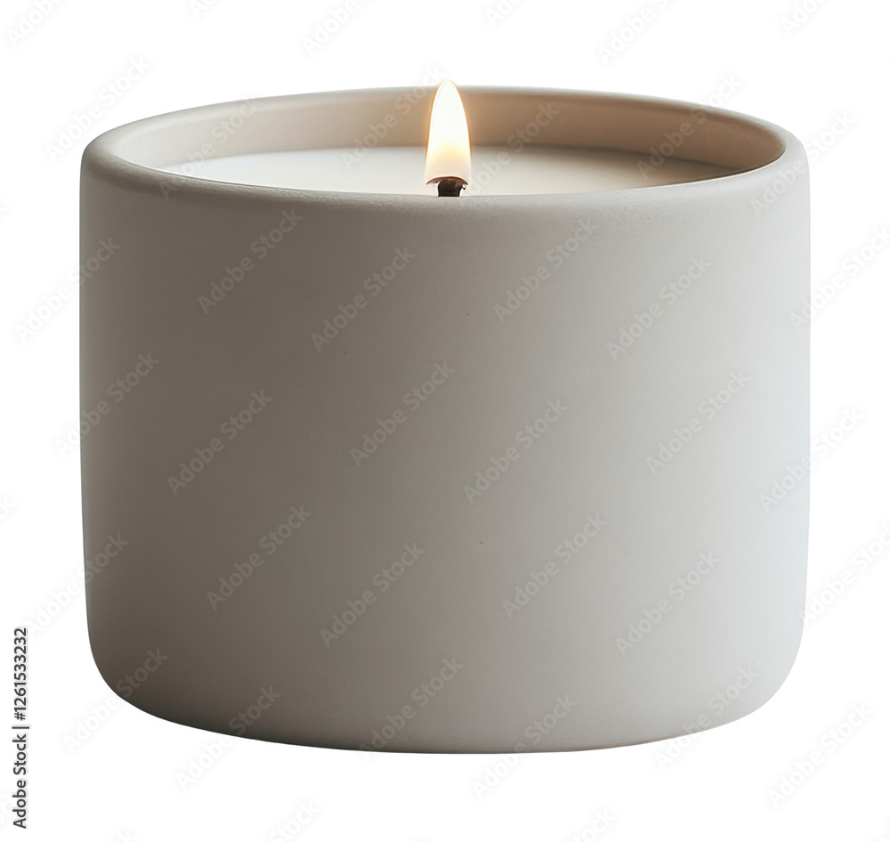 White ceramic candle with a burning flame, minimalist home decor concept White ceramic candle with a burning flame, minimalist home decor concept