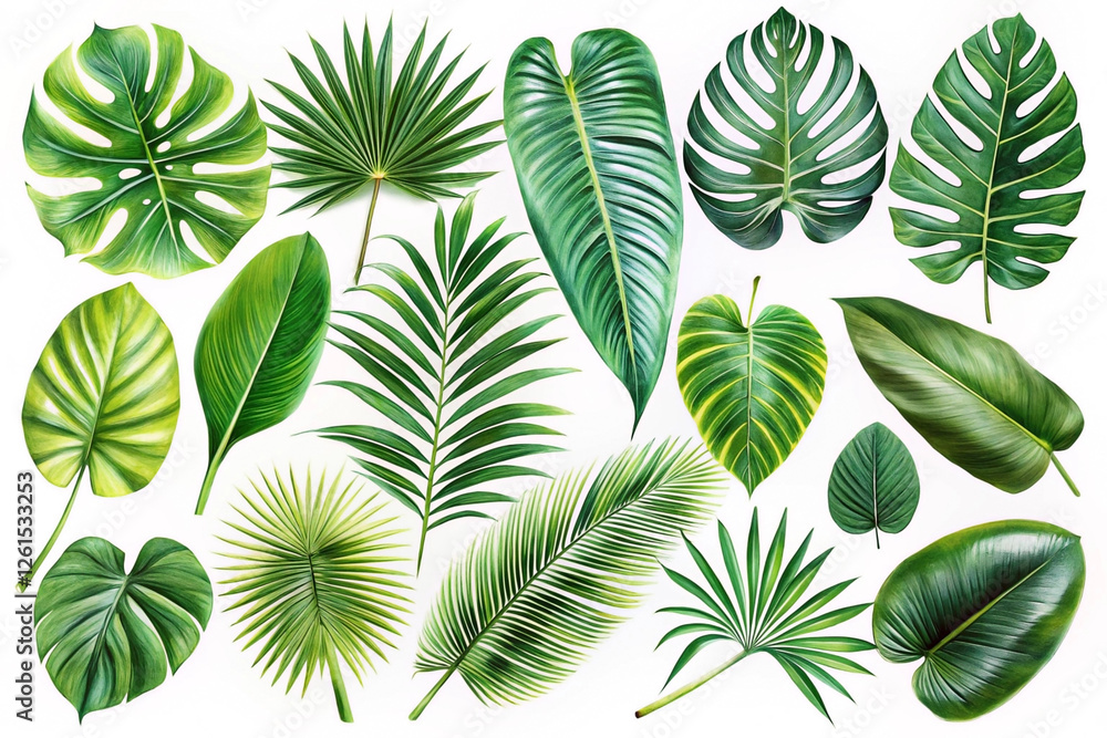 Tropical leaves collection, white background, design element, vibrant greens Tropical leaves collection, white background, design element, vibrant greens