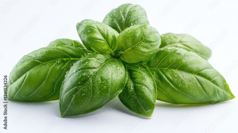 Fresh basil leaves with water droplets on a white background, showcasing their vibrant green color Fresh basil leaves with water droplets on a white background, showcasing their vibrant green color