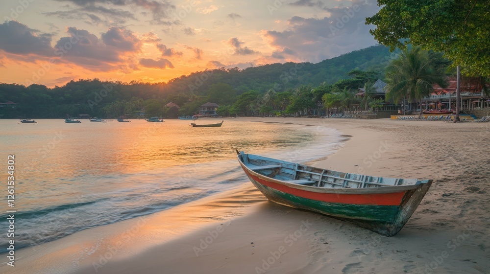 A serene beach at sunset with a boat on the shore and lush hills in the background. A serene beach at sunset with a boat on the shore and lush hills in the background.