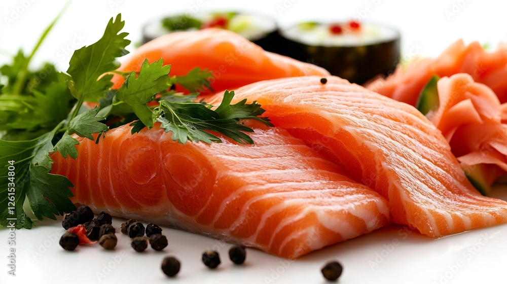 Close Up Image Of Fresh Salmon Sushi Arrangement With Green Herbs And Spices Close Up Image Of Fresh Salmon Sushi Arrangement With Green Herbs And Spices