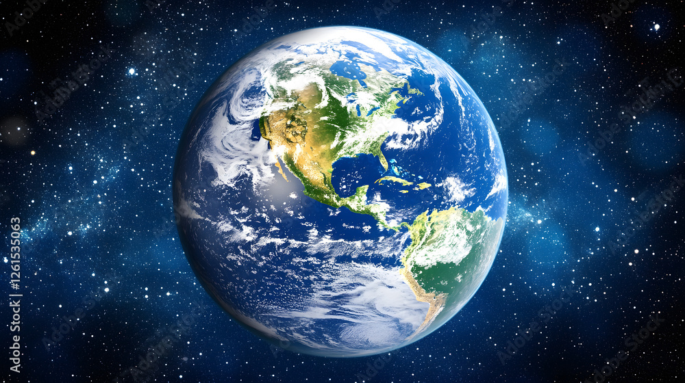 Stunning view of planet Earth from space, showcasing its continents, oceans, and swirling clouds against a backdrop of glittering stars and nebulae. Stunning view of planet Earth from space, showcasing its continents, oceans, and swirling clouds against a backdrop of glittering stars and nebulae.