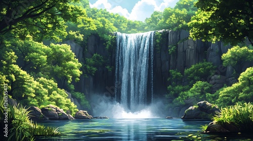 Creative vector illustration of a waterfall cascading into a lake perfect for nature and adventure designs