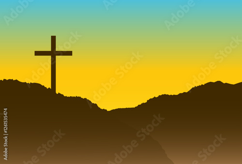 Illustration of Christ's Resurrection With a Cross and Peaceful Sunrise Scene Christ is Risen Happy Resurrection Day Easter