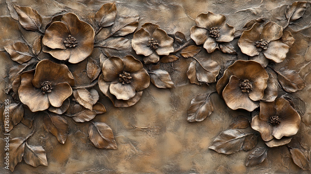 Bronze floral relief, textured leaves and flowers. Perfect for backgrounds, home decor, or artistic projects. Bronze floral relief, textured leaves and flowers. Perfect for backgrounds, home decor, or artistic projects.