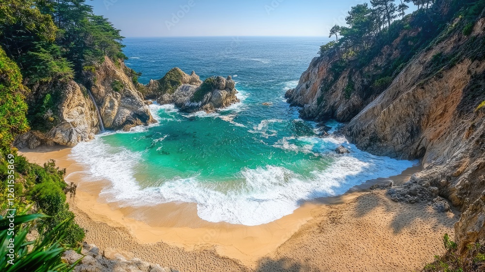 Serene coastal view of a secluded beach with turquoise waters and rocky cliffs under a clear sky Serene coastal view of a secluded beach with turquoise waters and rocky cliffs under a clear sky