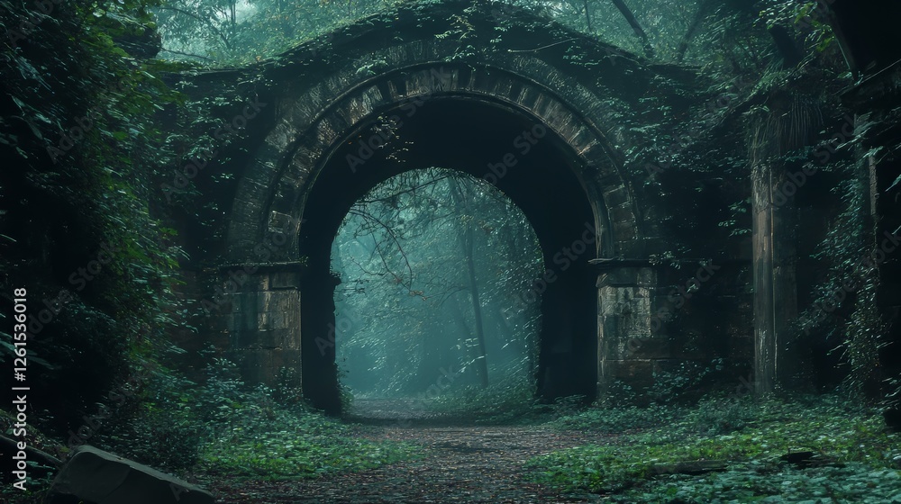 Obraz premium Mysterious archway in an overgrown forest, creating an enchanting atmosphere.