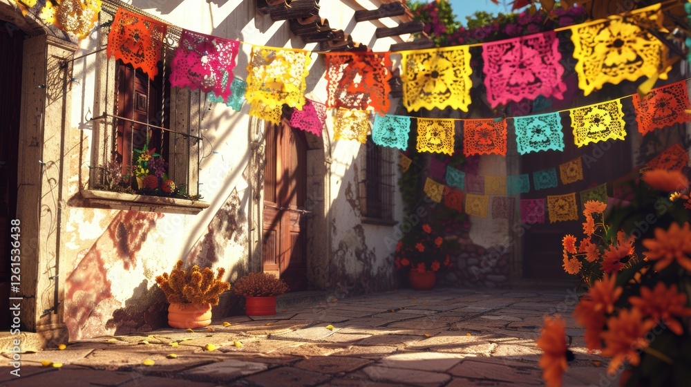 Fototapeta premium Colorful Papel Picado Banners in a Mexican Courtyard with Flowers