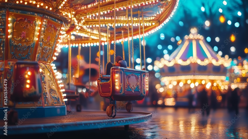 Fototapeta premium Colorful carousel at dusk with glowing lights and festive atmosphere.