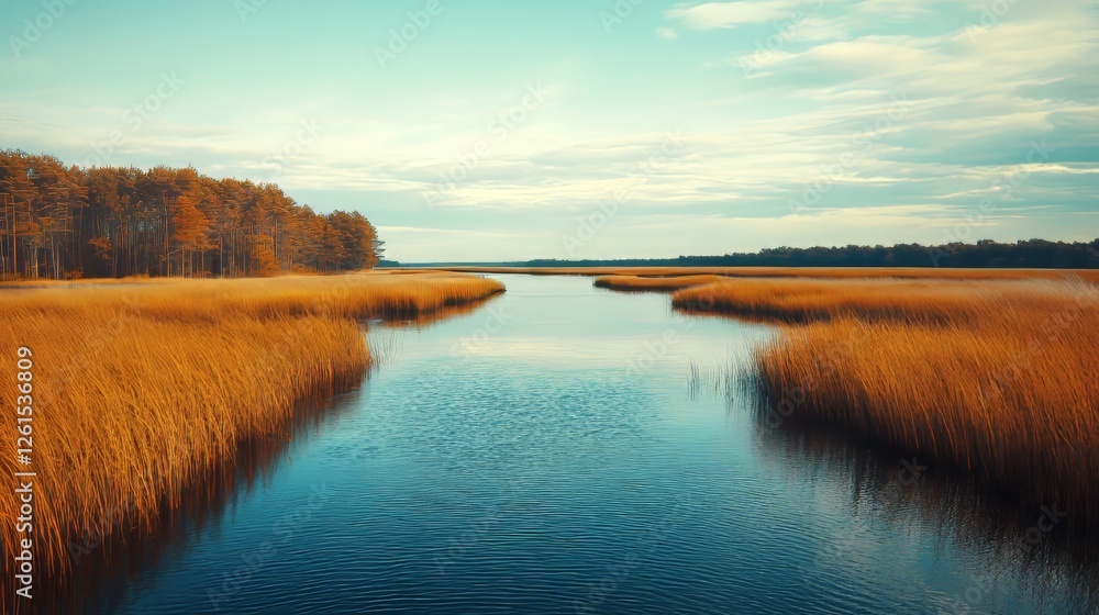Fototapeta premium Tranquil river scene with golden reeds and serene water under a blue sky.