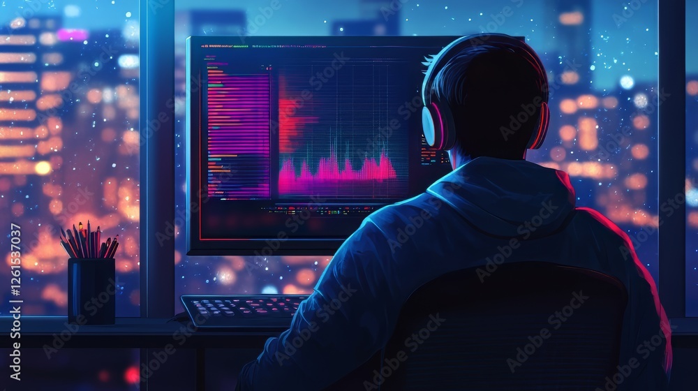 Obraz premium A male gamer with headphones engrossed in a digital environment at night.