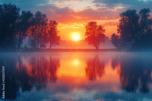 Obraz na płótnie Tranquil sunrise over a misty lake, with vibrant colors reflecting on calm waters and trees w salonie