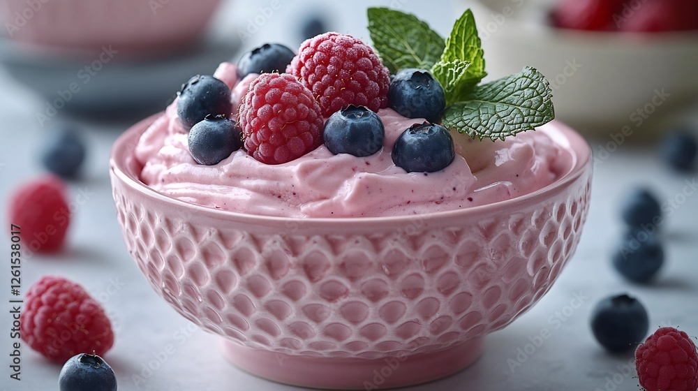 Close Up Of Pink Yogurt Bowl Topped With Fresh Berries And Mint Close Up Of Pink Yogurt Bowl Topped With Fresh Berries And Mint