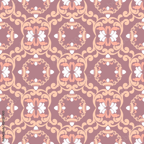 Pink and cream damask seamless pattern with decorative flowers. Floral vector illustration. Idea for pottery, tiles, rugs, carpets, blankets, print fabric, and paper decoration.