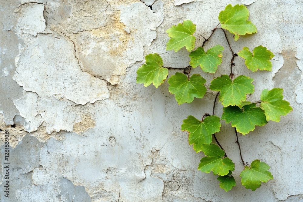 Green vine on a weathered wall, texture ideal for backgrounds or design projects. Perfect for nature, decay, or growth themes, evokes feelings of age and resilience.