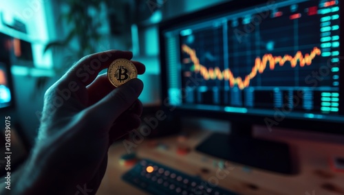 Hand holding Bitcoin, market crash, home office, computer screen photo