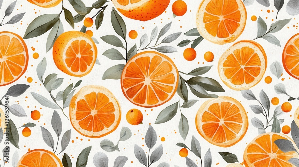 Fototapeta premium Watercolor oranges & leaves pattern. Ideal for textile prints, wallpaper, or vibrant branding projects.