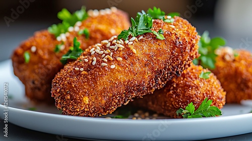 Close Up Shot of Crispy Golden Fried Chicken Nuggets on White Plate