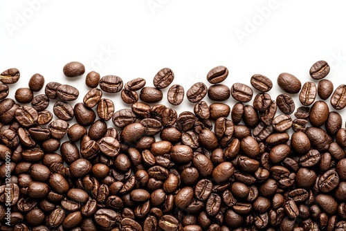 Top-Down View of Coffee Beans on White Background with Ample Copy Space, High-Resolution Photography.