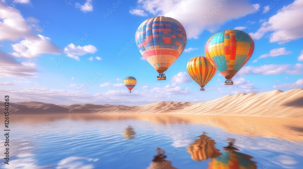 Fototapeta premium Colorful hot air balloons drifting over a tranquil lake and sandy dunes.