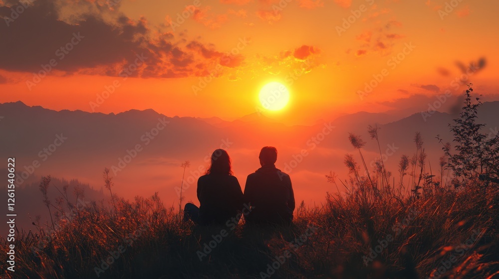 Couple sitting on a hilltop watching the sunset together in a peaceful natural setting Couple sitting on a hilltop watching the sunset together in a peaceful natural setting